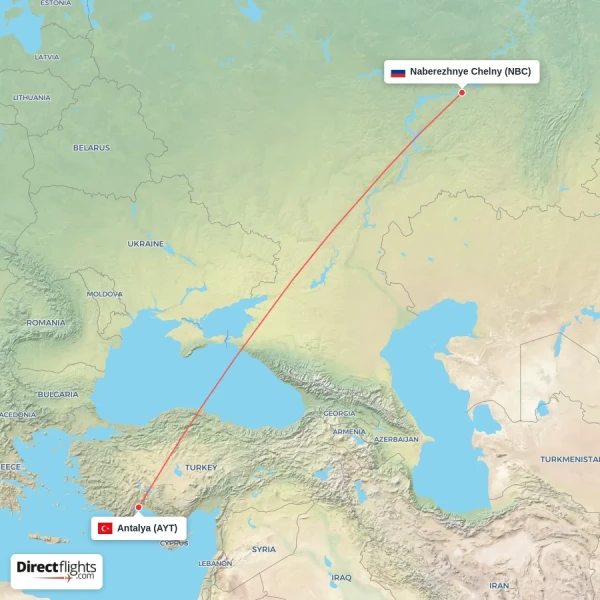 Antalya - Naberezhnye Chelny direct flight map