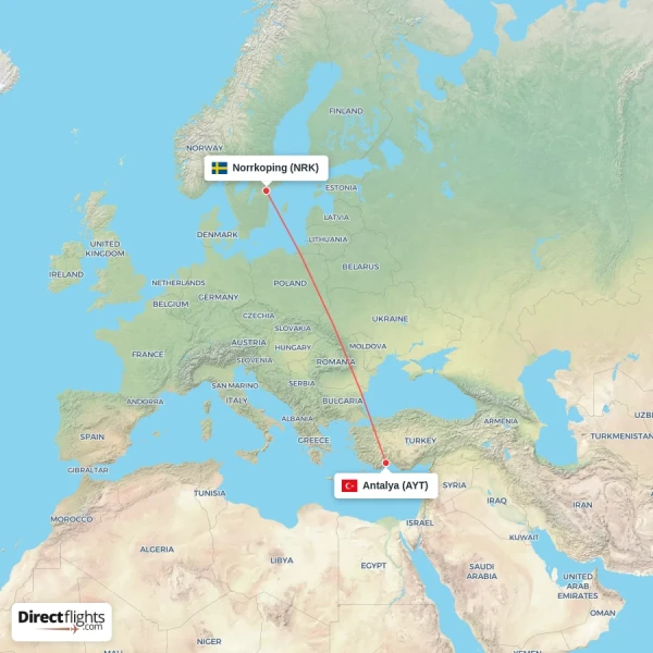 Antalya - Norrkoping direct flight map