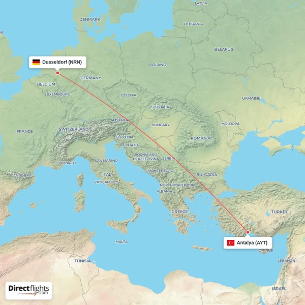Antalya - Dusseldorf direct flight map