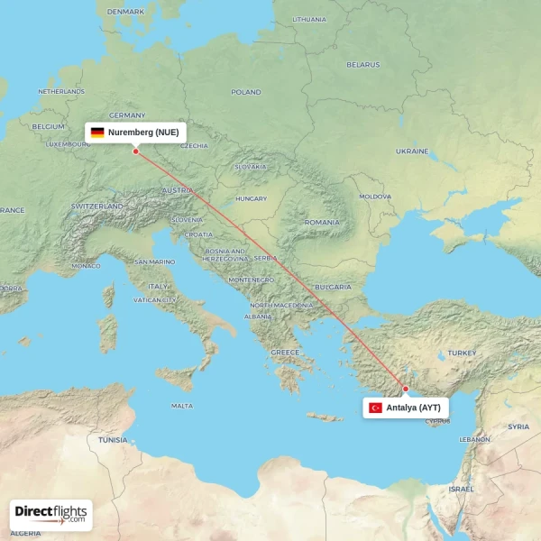 Antalya - Nuremberg direct flight map