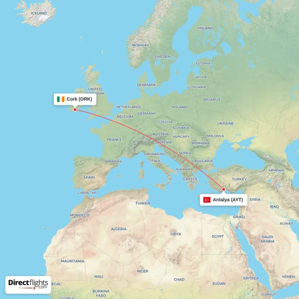 Antalya - Cork direct flight map