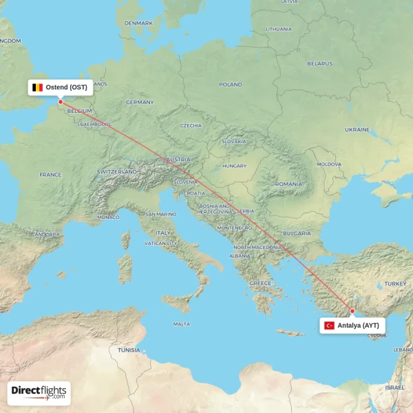 Antalya - Ostend direct flight map