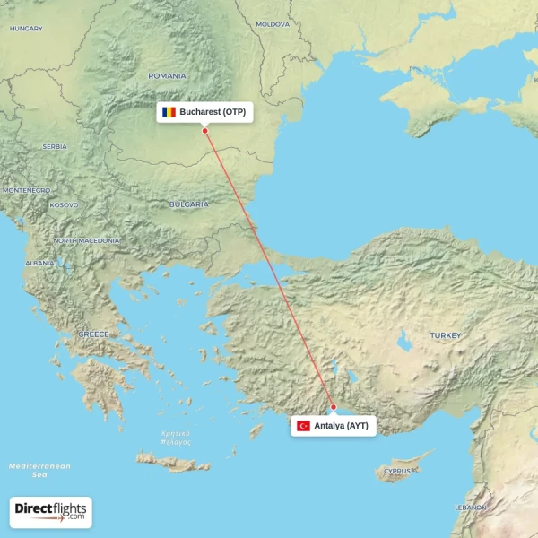Antalya - Bucharest direct flight map