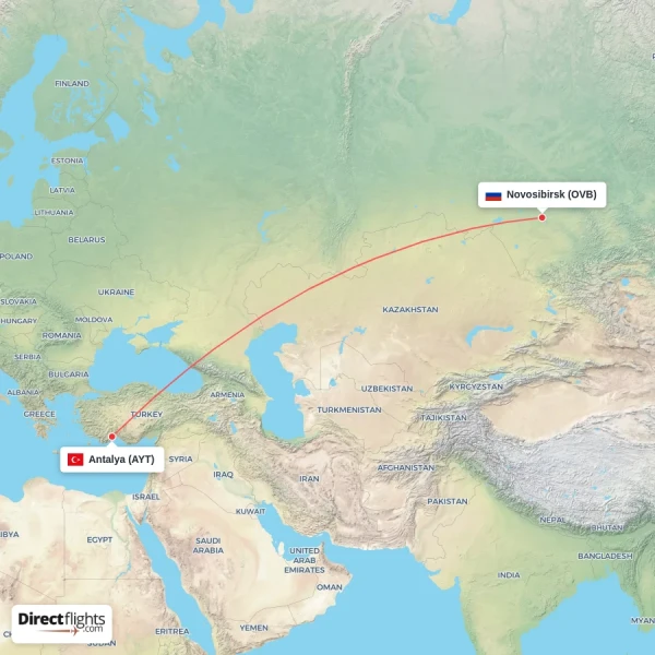 Antalya - Novosibirsk direct flight map