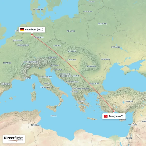 Antalya - Paderborn direct flight map