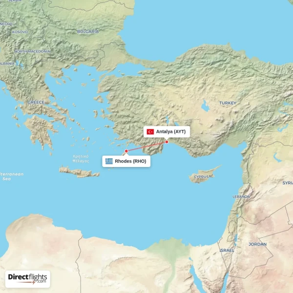 Antalya - Rhodes direct flight map