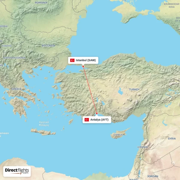 Antalya - Istanbul direct flight map