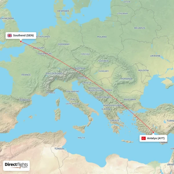 Antalya - Southend direct flight map