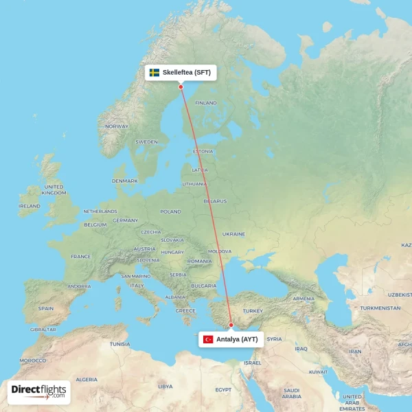 Antalya - Skelleftea direct flight map