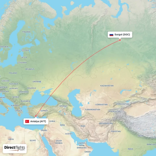 Antalya - Surgut direct flight map
