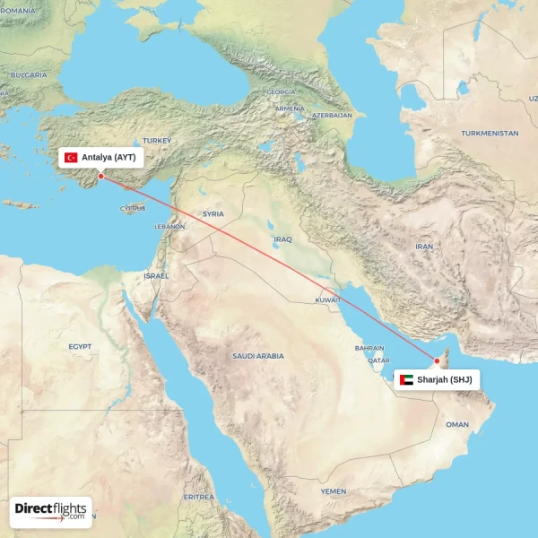 Antalya - Sharjah direct flight map