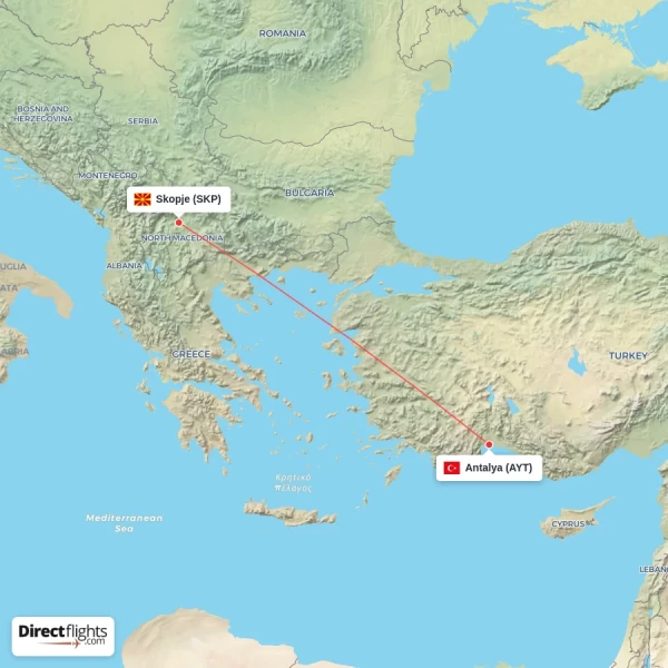 Antalya - Skopje direct flight map