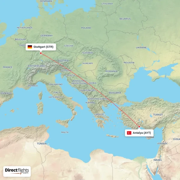 Antalya - Stuttgart direct flight map