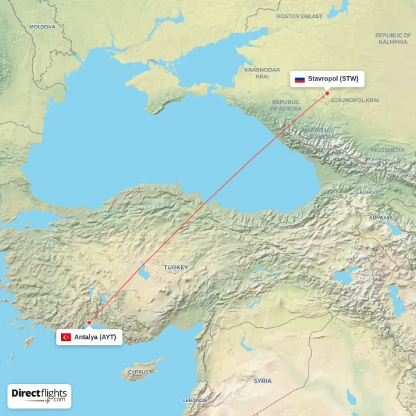 Antalya - Stavropol direct flight map