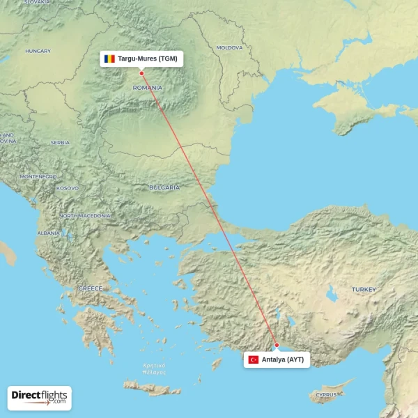 Antalya - Targu-Mures direct flight map