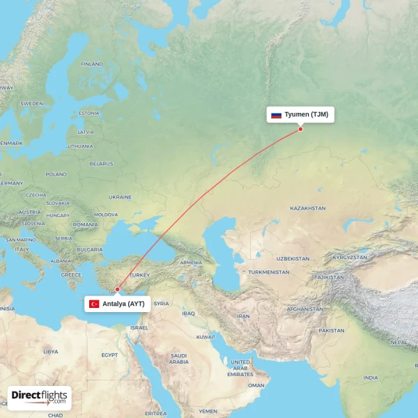 Antalya - Tyumen direct flight map