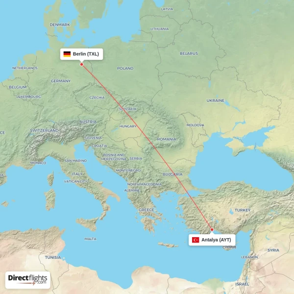 Antalya - Berlin direct flight map