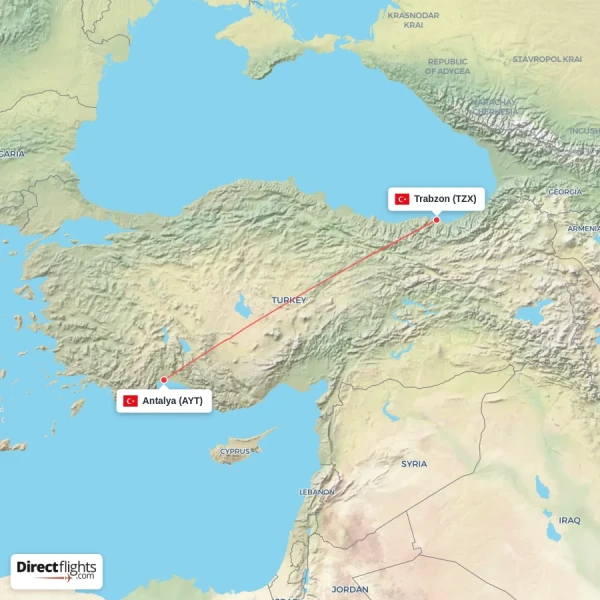 Antalya - Trabzon direct flight map