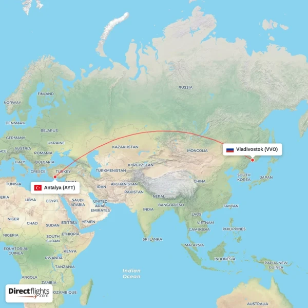 Antalya - Vladivostok direct flight map