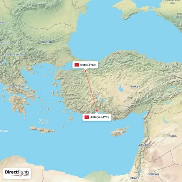 Antalya - Bursa direct flight map