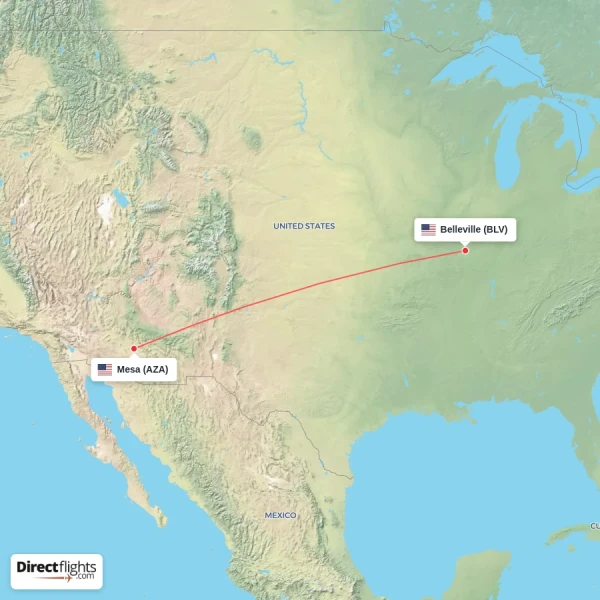 Mesa - Belleville direct flight map