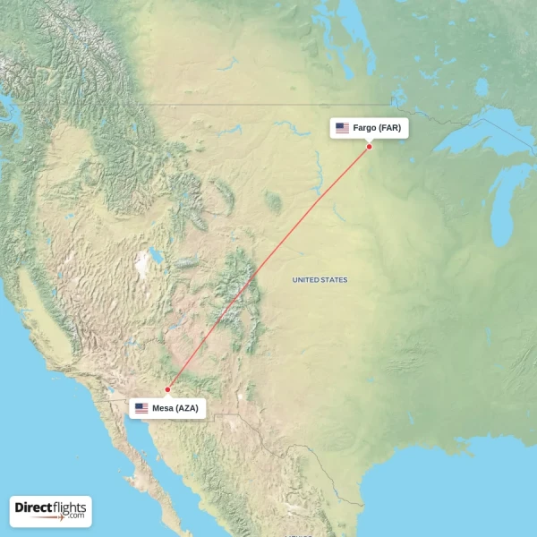 Mesa - Fargo direct flight map