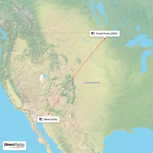 Mesa - Grand Forks direct flight map