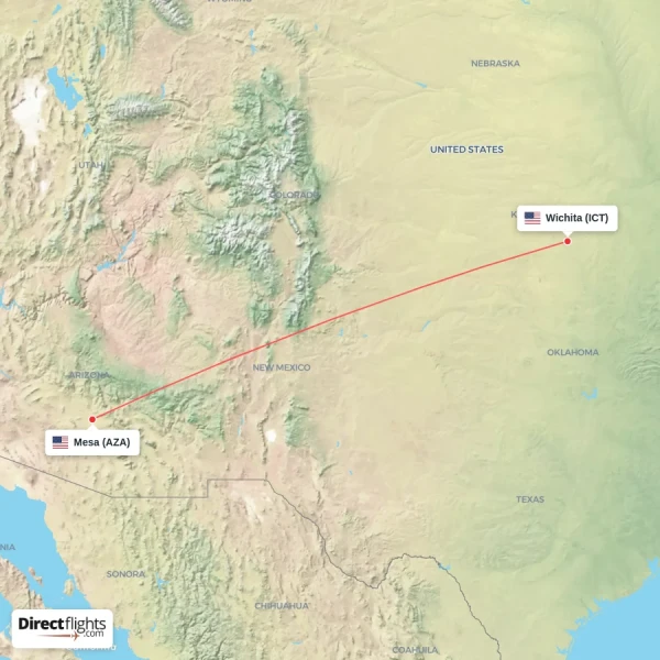 Mesa - Wichita direct flight map