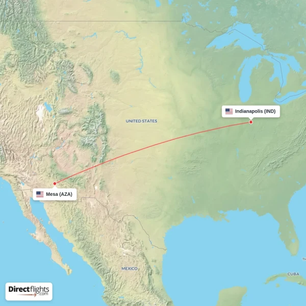 Mesa - Indianapolis direct flight map