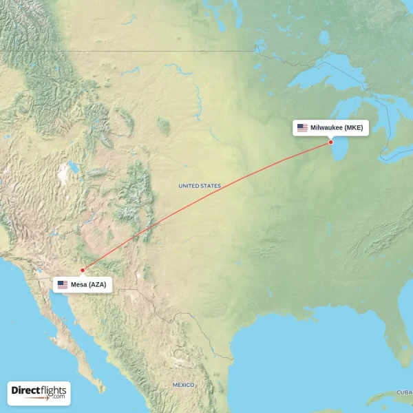 Mesa - Milwaukee direct flight map