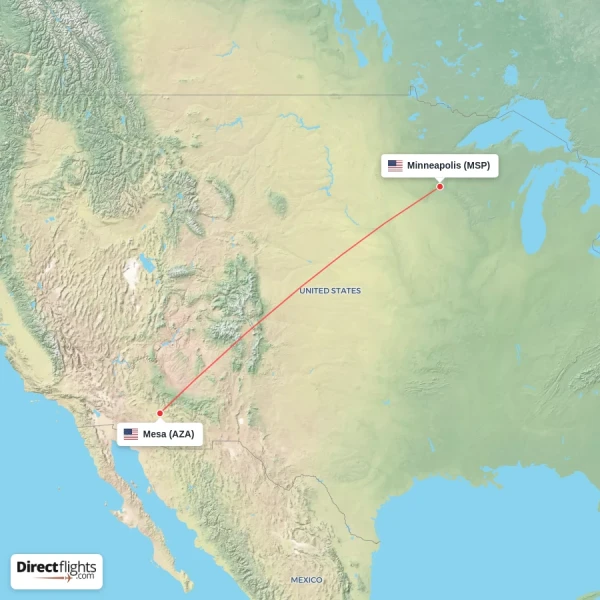 Mesa - Minneapolis direct flight map