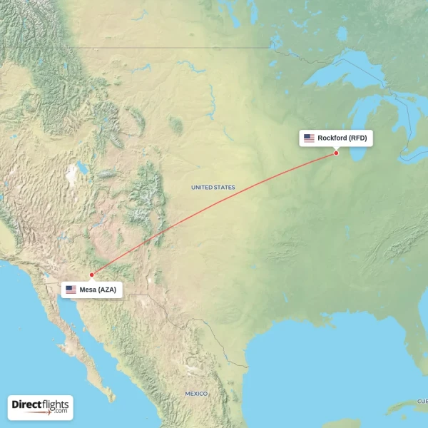Mesa - Rockford direct flight map