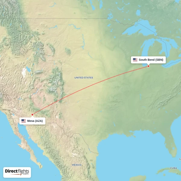 Mesa - South Bend direct flight map