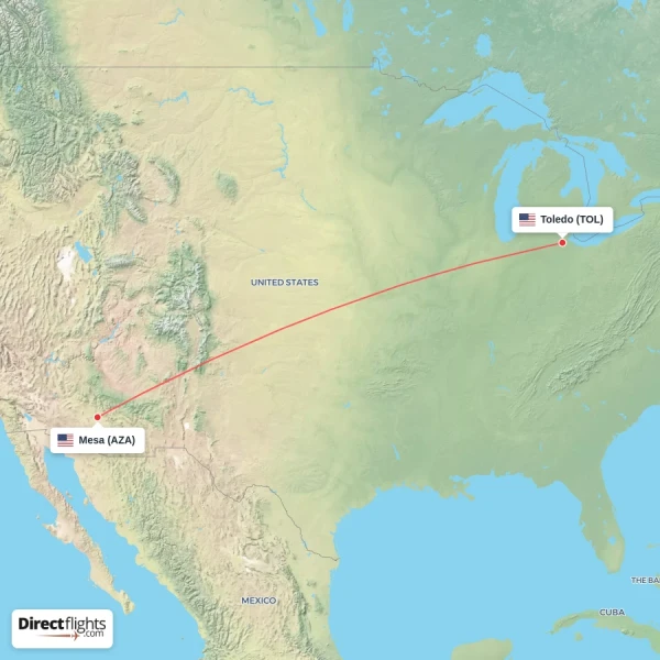 Mesa - Toledo direct flight map