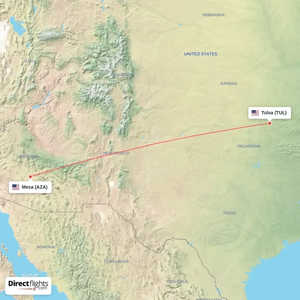 Mesa - Tulsa direct flight map