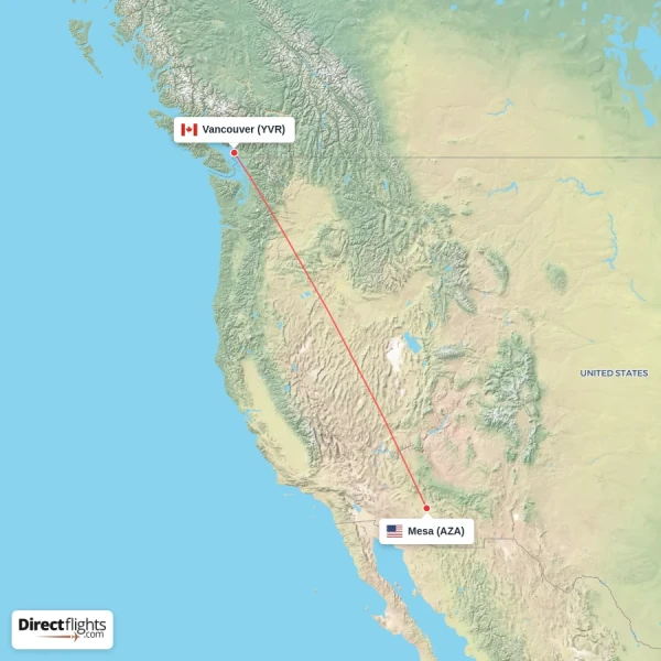 Mesa - Vancouver direct flight map