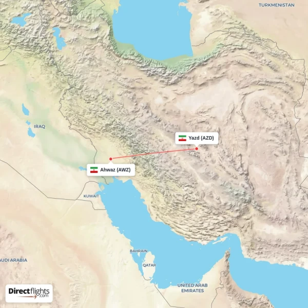 Yazd - Ahwaz direct flight map
