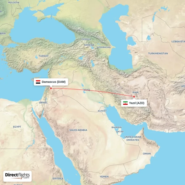 Yazd - Damascus direct flight map