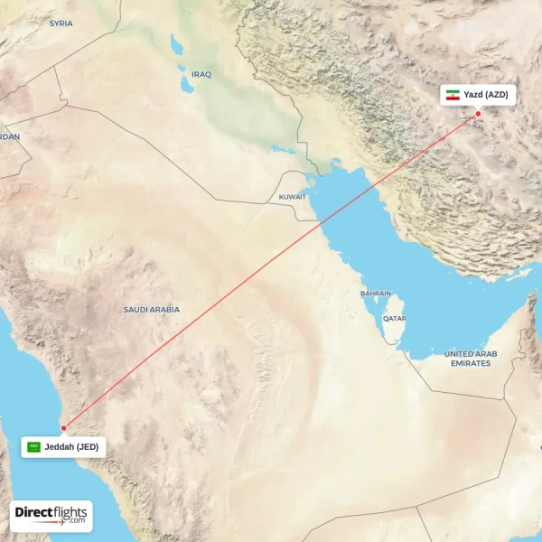 Yazd - Jeddah direct flight map