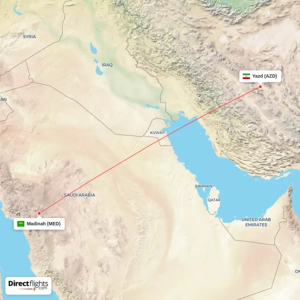 Yazd - Madinah direct flight map