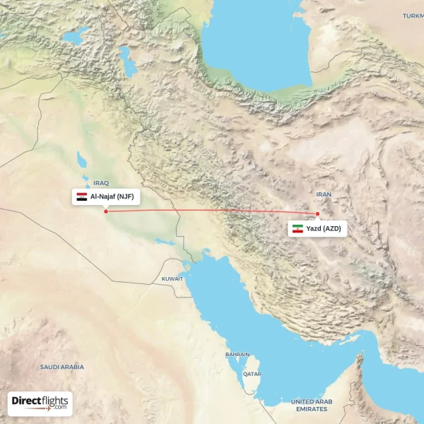 Yazd - Al-Najaf direct flight map
