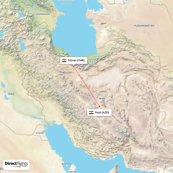 Yazd - Tehran direct flight map