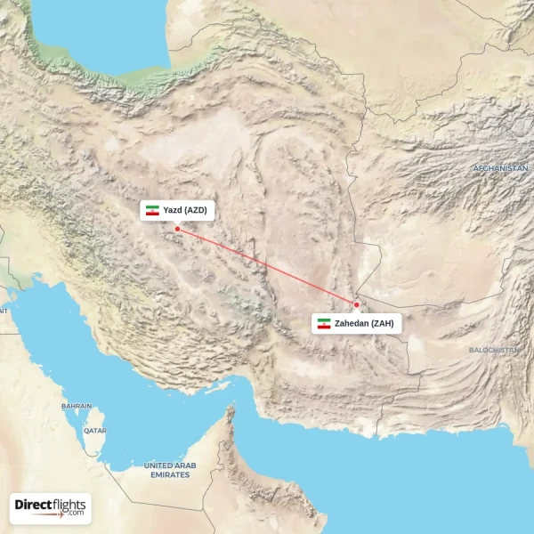 Yazd - Zahedan direct flight map