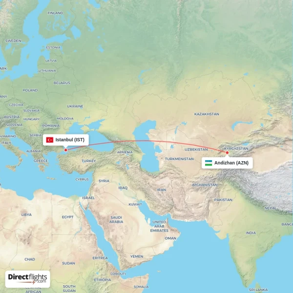 Andizhan - Istanbul direct flight map