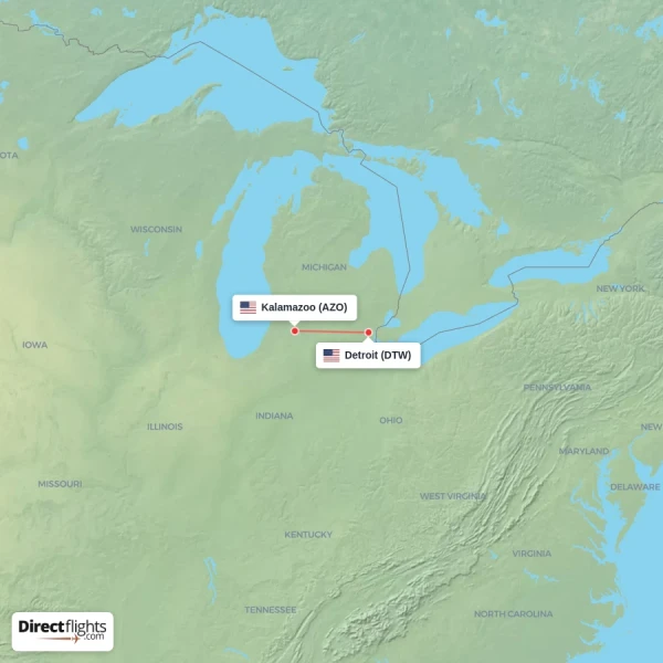 Kalamazoo - Detroit direct flight map