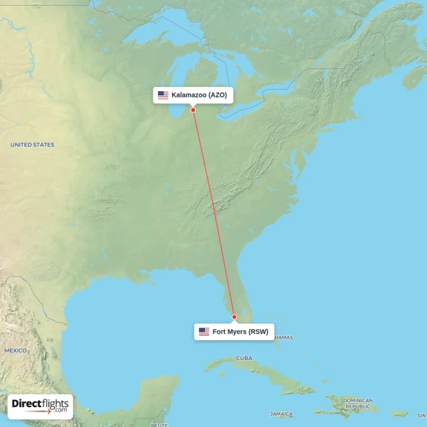 Kalamazoo - Fort Myers direct flight map