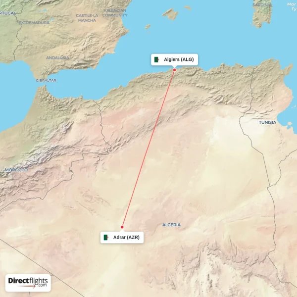 Adrar - Algiers direct flight map