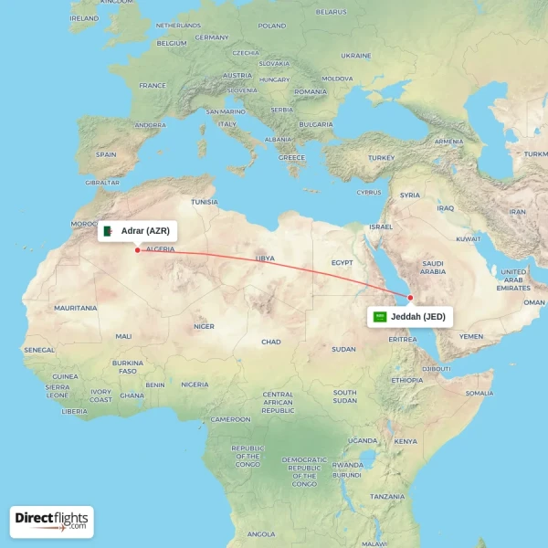 Adrar - Jeddah direct flight map