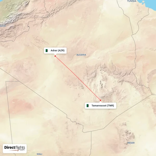 Adrar - Tamanrasset direct flight map