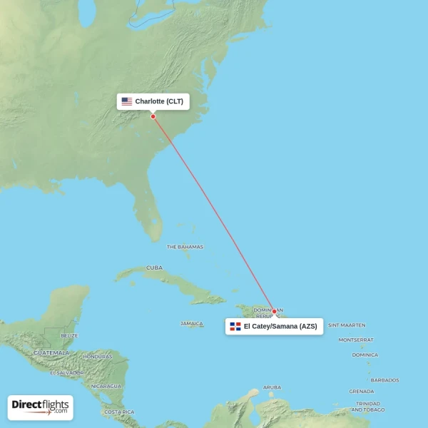 El Catey/Samana - Charlotte direct flight map